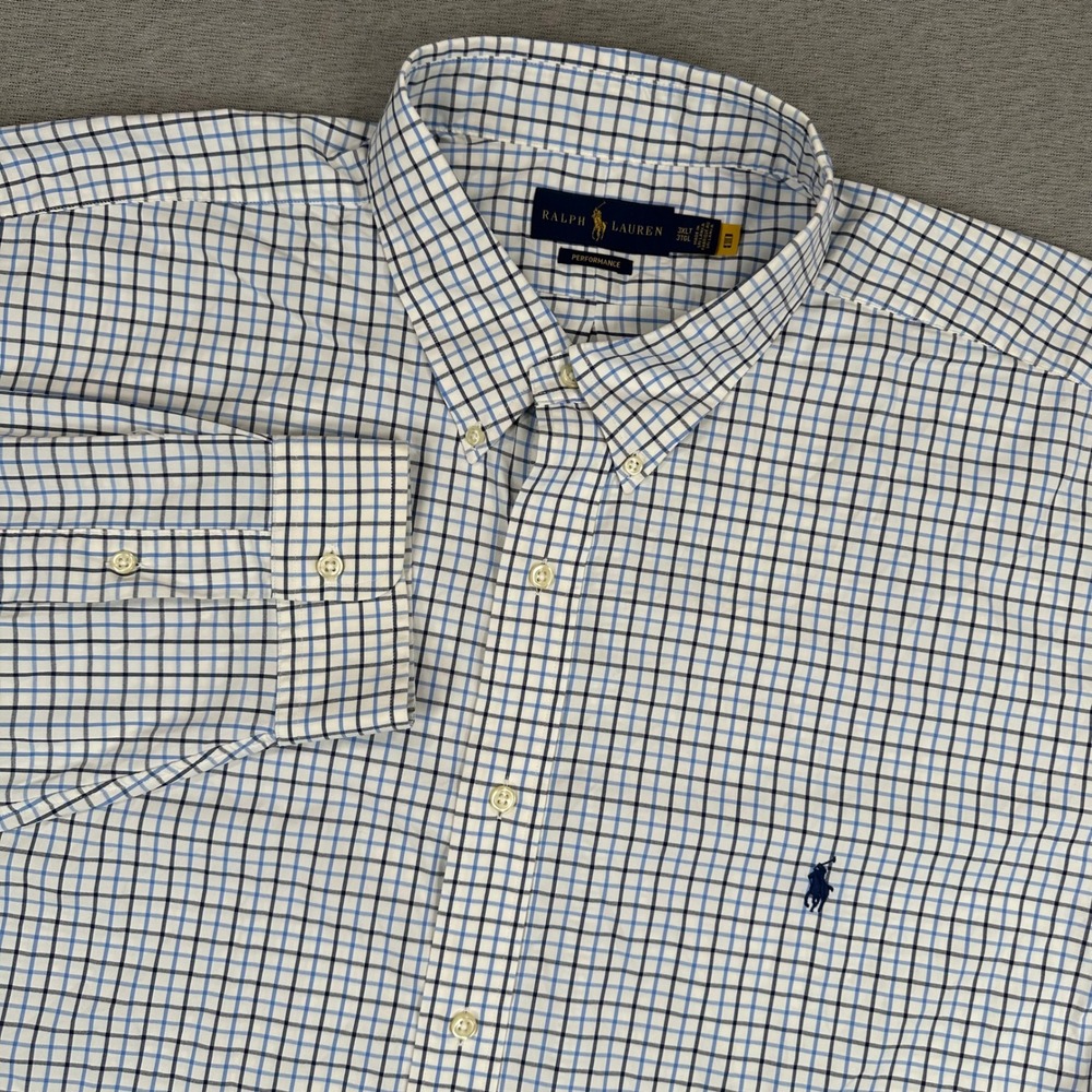 Ralph Lauren Performance Button Down Shirt Mens 3XLT Blue White Check Stretch‎